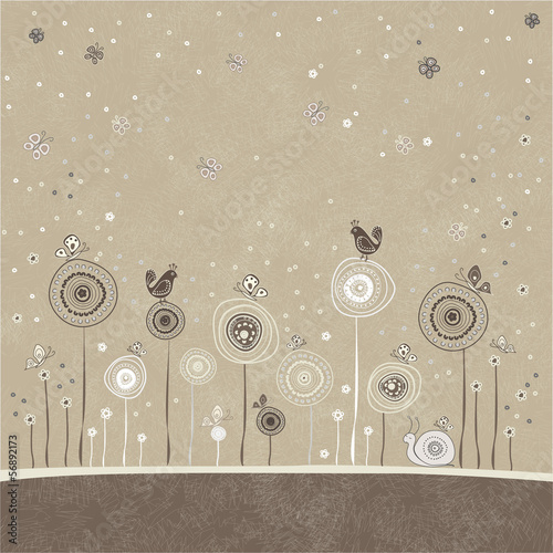 Floral background card with snail, birds and butterflies.