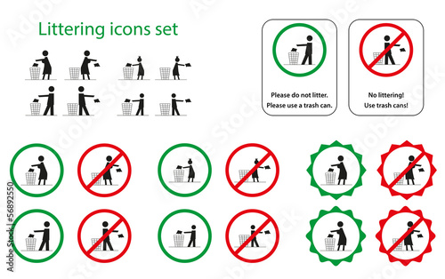 Set of littering icons for man, woman, girl and boy