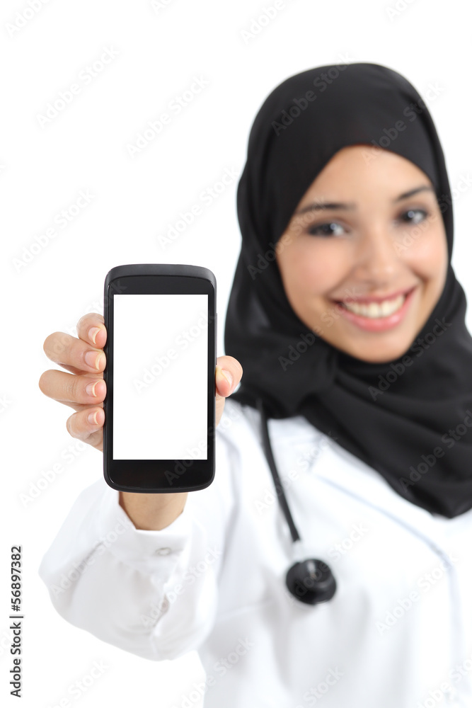 Arab female doctor showing a blank smart phone screen isolated Arab female doctor showing a blank smart phone screen isolated