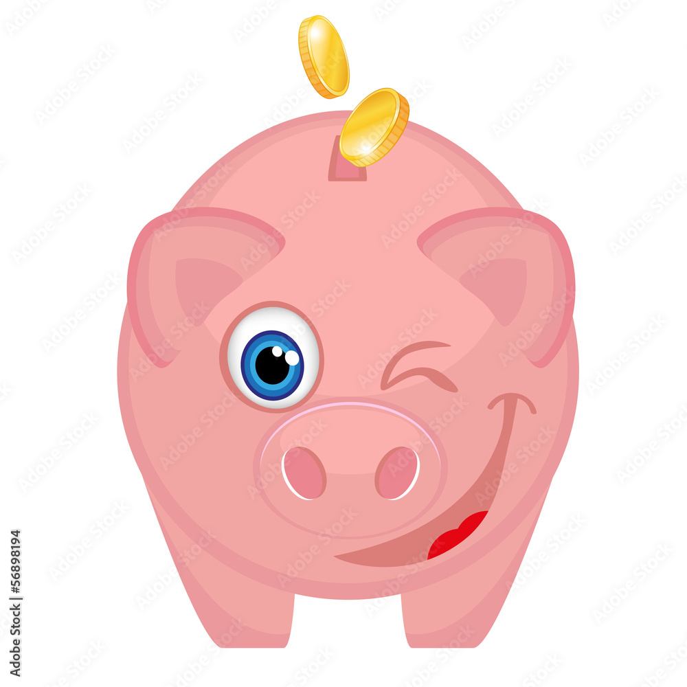 Happy piggy bank with coins winking with one eye Happy piggy bank with coins winking with one eye
