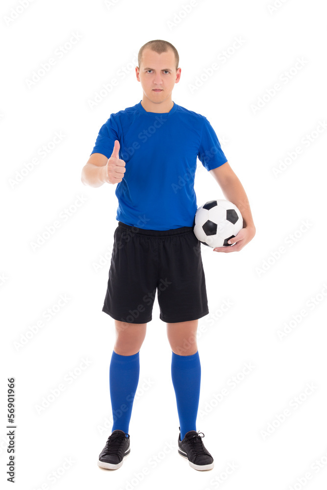 soccer player with a ball thumbs up on white background