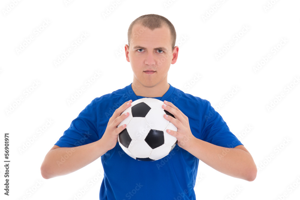 soccer player in blue shirt with a ball isolated on white backgr soccer player in blue shirt with a ball isolated on white backgr