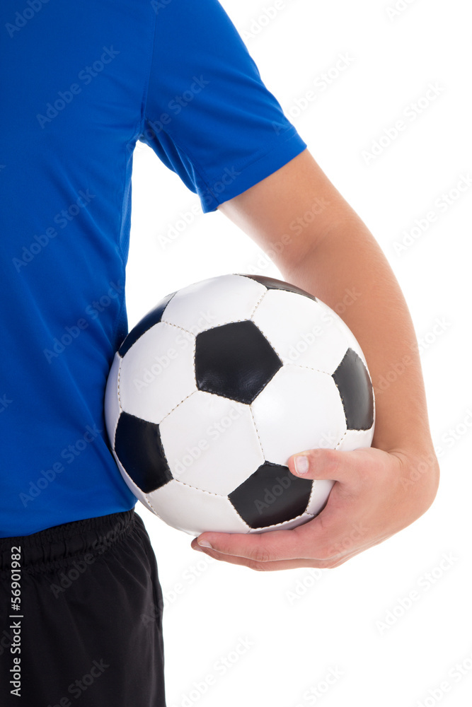 soccer ball in player's hand over white soccer ball in player's hand over white