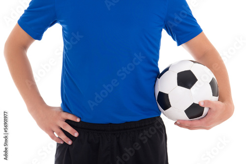 soccer player in blue with a ball isolated on white background © Di Studio