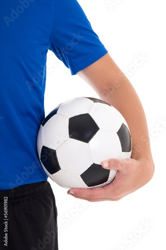 soccer ball in player's hand over white