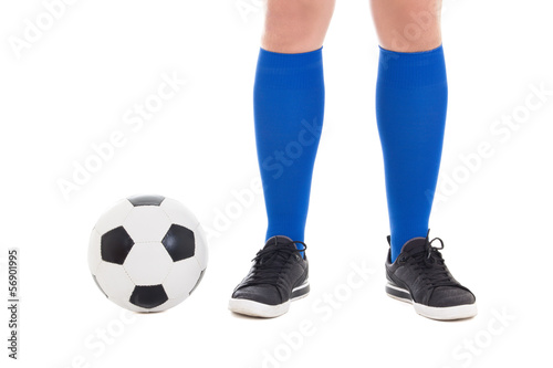 legs of soccer player in blue socks with ball isolated on white