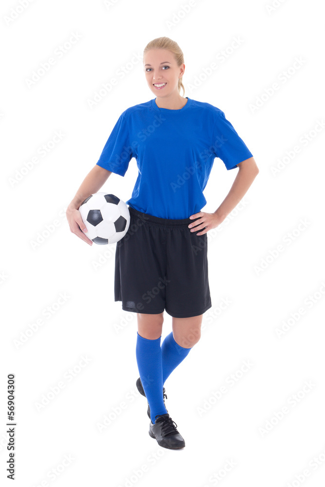female soccer player in blue uniform isolated on white female soccer player in blue uniform isolated on white