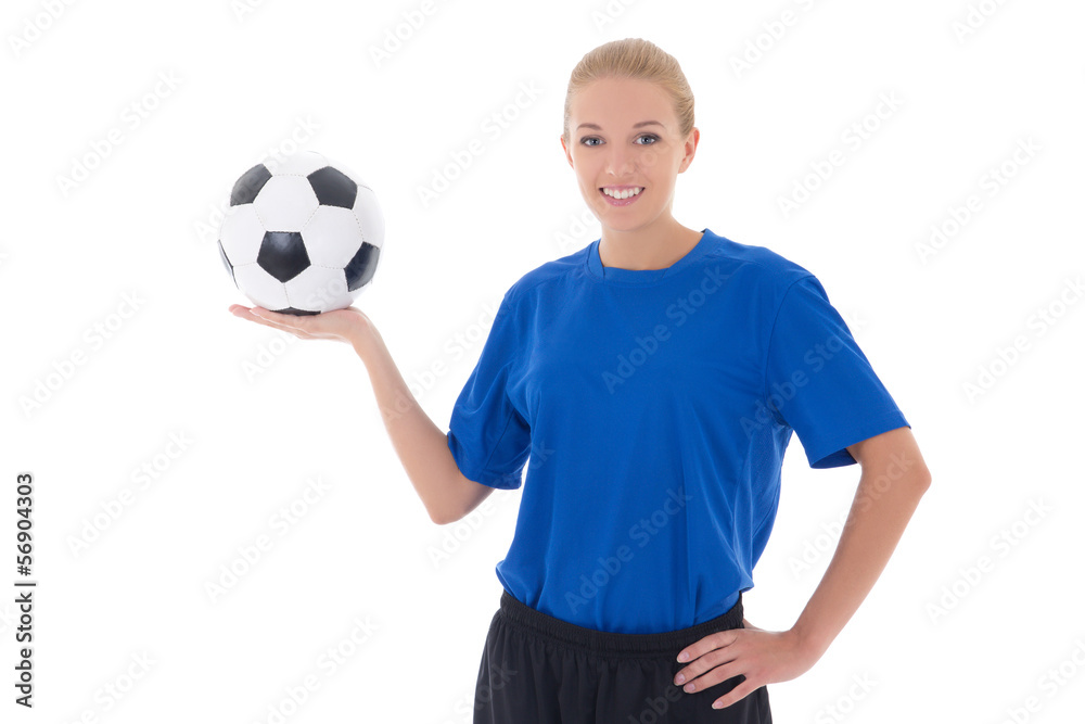 female soccer player in blue uniform holding the ball isolated o