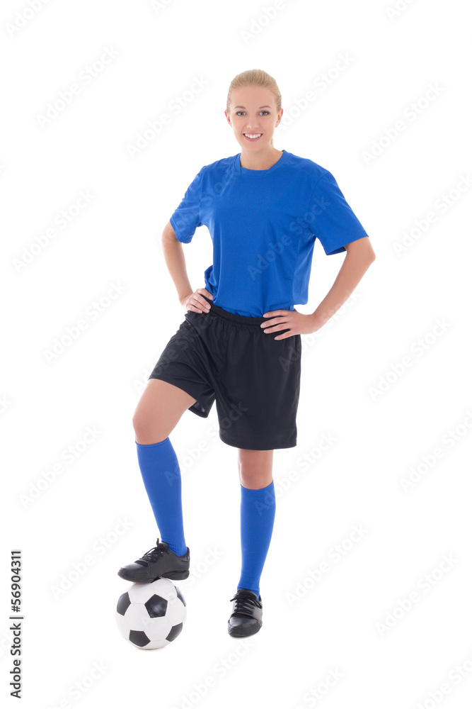 female soccer player in blue uniform with ball isolated on white