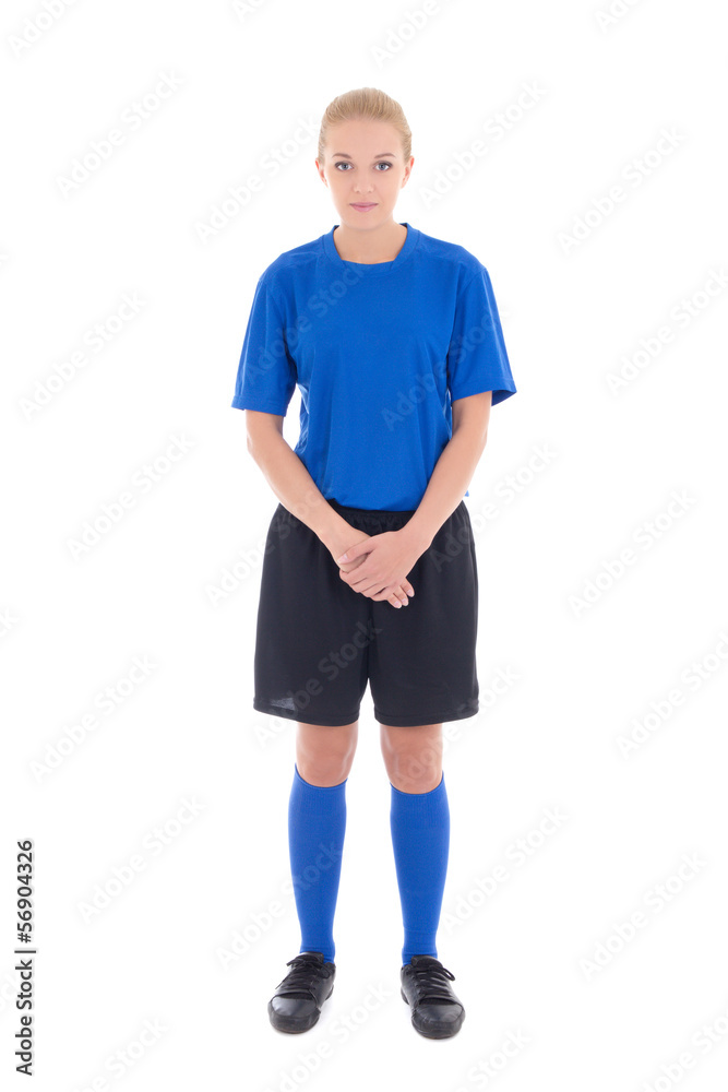 female soccer player in blue uniform standing isolated on white female soccer player in blue uniform standing isolated on white