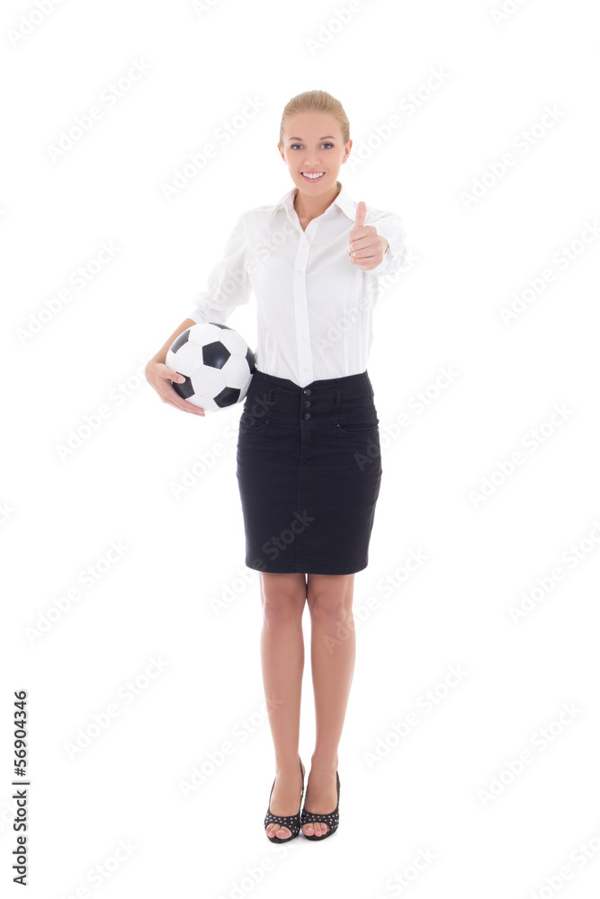 business woman with soccer ball thumbs up isolated on white business woman with soccer ball thumbs up isolated on white