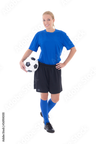 female soccer player in blue uniform isolated on white