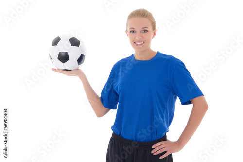 Fototapeta Naklejka Na Ścianę i Meble -  female soccer player in blue uniform holding the ball isolated o