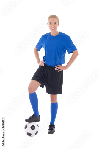 female soccer player in blue uniform with ball isolated on white © Di Studio
