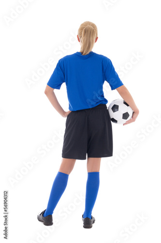 back view of female soccer player in blue uniform with ball isol