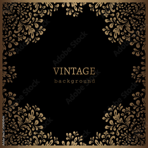 Vintage gold frame, floral swirls on black background