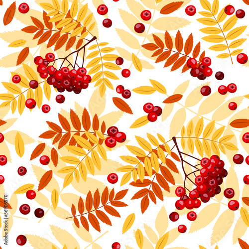 Seamless pattern with rowan leaves and rowanberries.