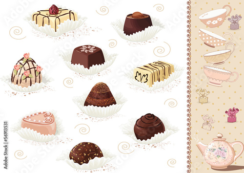 Set of chocolate candies over white background