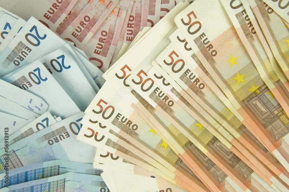ten twenty and fifty euros bills texture background