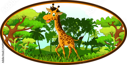 cute giraffe cartoon on forest background