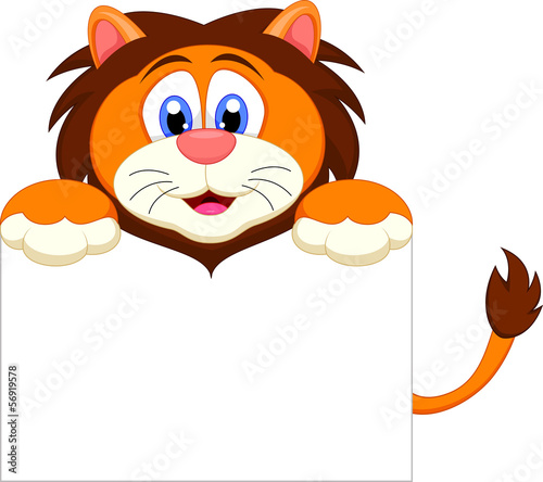 Fototapeta Naklejka Na Ścianę i Meble -  cute lion cartoon character with blank sign