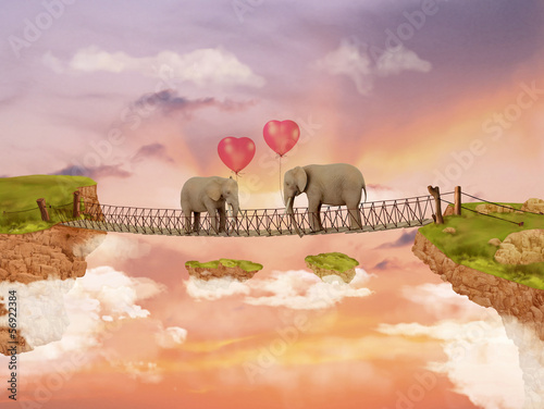 Two elephants on a bridge in the sky with balloons. Illustration
