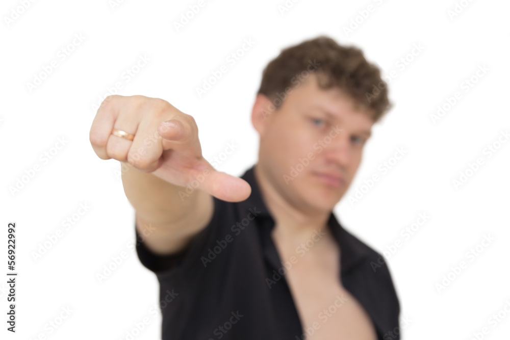 man shows his finger on a white background man shows his finger on a white background