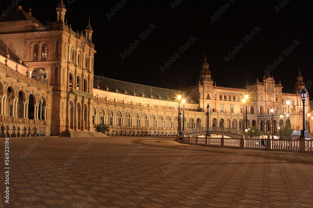 Night at famous Plaza de Espana in Sevilla, side view 