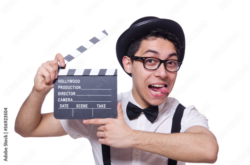 Funny man with movie board Funny man with movie board