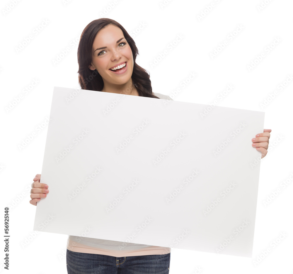 Beautiful Mixed Race Female Holding Blank Sign on White. Beautiful Mixed Race Female Holding Blank Sign on White.