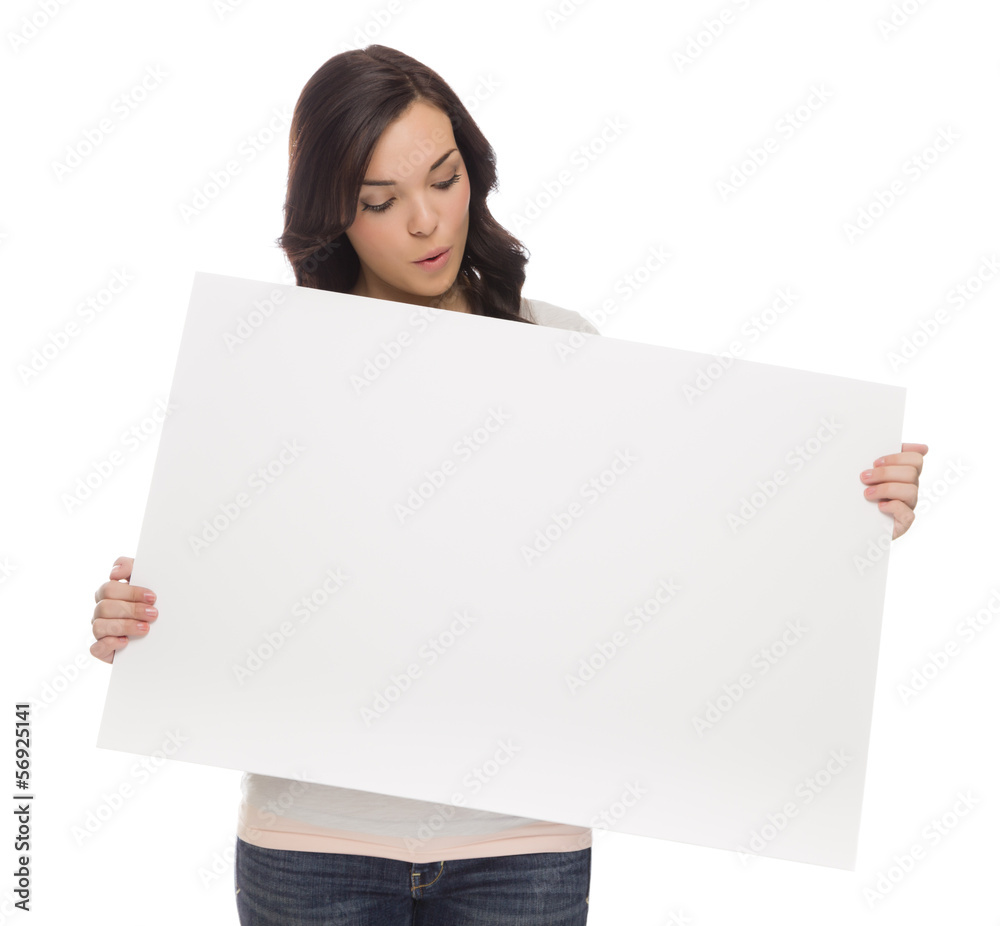 Mixed Race Female Holding Blank Sign on White. Mixed Race Female Holding Blank Sign on White.