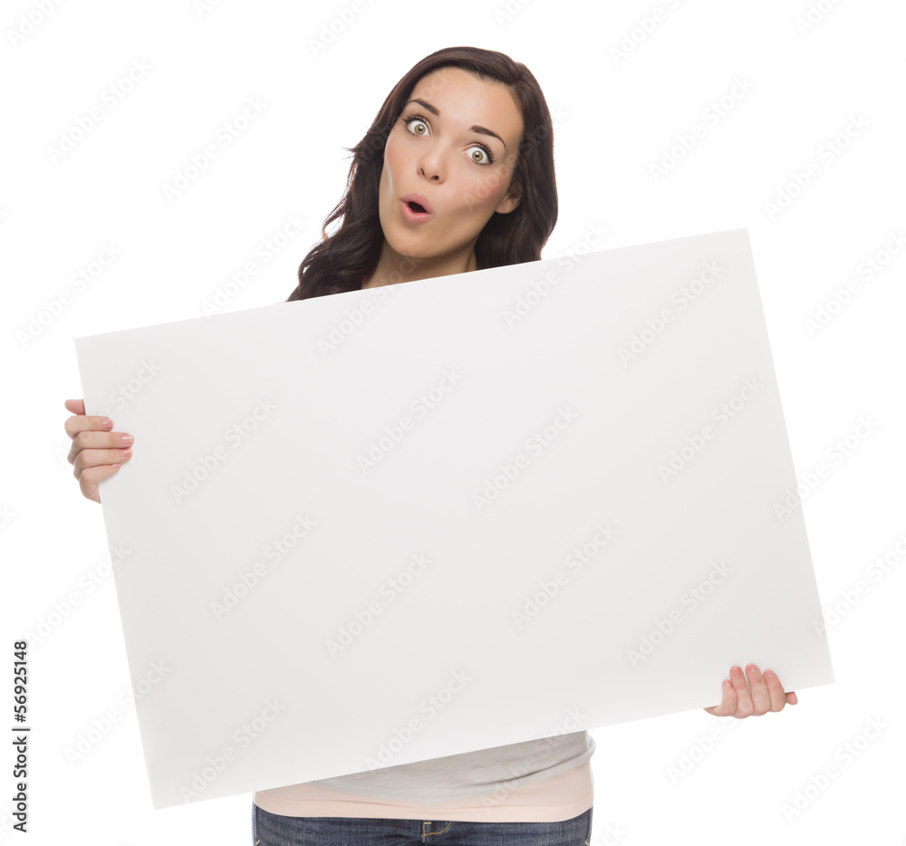Wide Eyed Mixed Race Female Holding Blank Sign on White. Wide Eyed Mixed Race Female Holding Blank Sign on White.