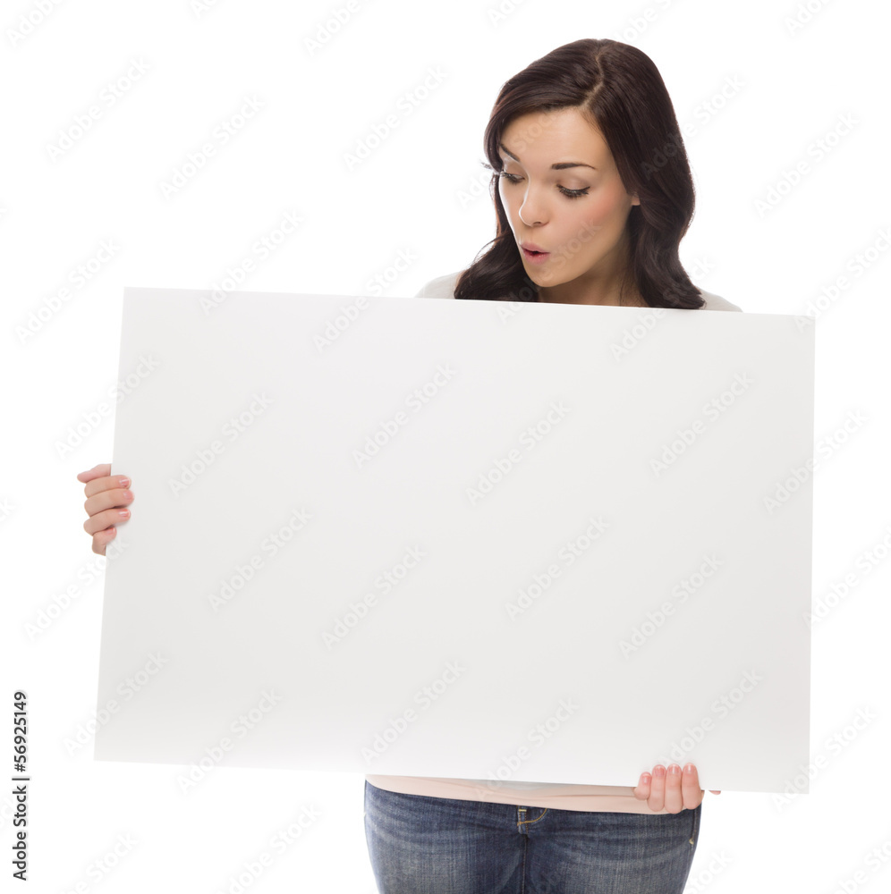 Mixed Race Female Holding Blank Sign on White. Mixed Race Female Holding Blank Sign on White.