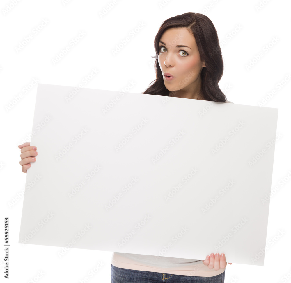 Wide Eyed Mixed Race Female Holding Blank Sign on White. Wide Eyed Mixed Race Female Holding Blank Sign on White.