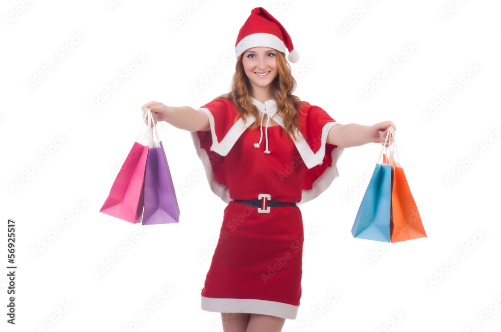 Young woman in red santa costume on white Young woman in red santa costume on white