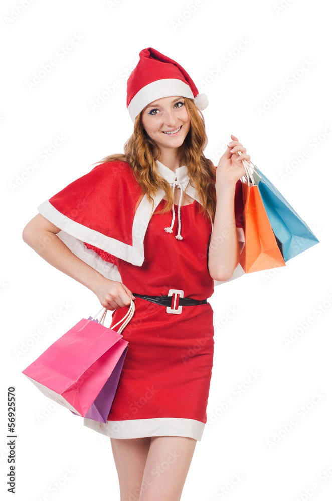 Young woman in red santa costume on white Young woman in red santa costume on white