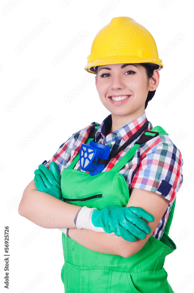 Young woman in green coveralls Young woman in green coveralls