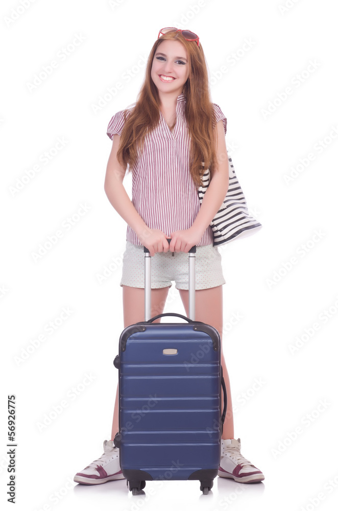 Young girl travelling isolated on the white Young girl travelling isolated on the white