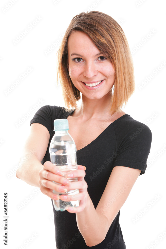 Beautiful girl drinking water from blue bottle isolated Beautiful girl drinking water from blue bottle isolated