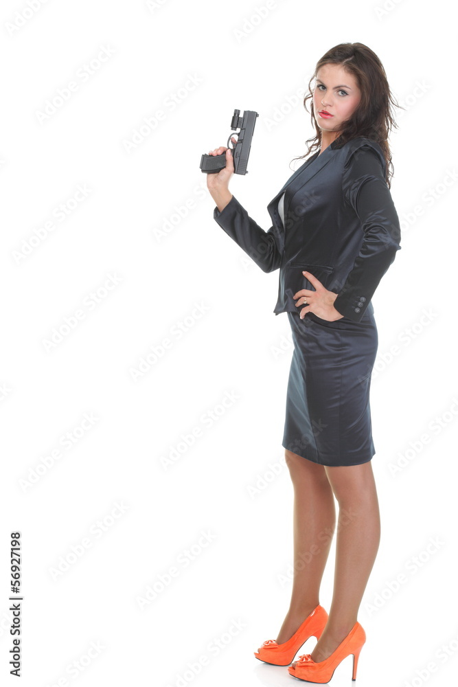 Young brunette woman with gun isolated on white Young brunette woman with gun isolated on white