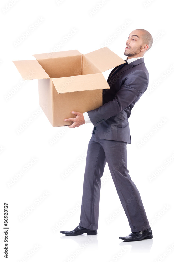 Businessman with box isolated on the white