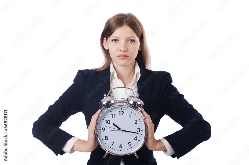 Businesswoman with clock isolated on white