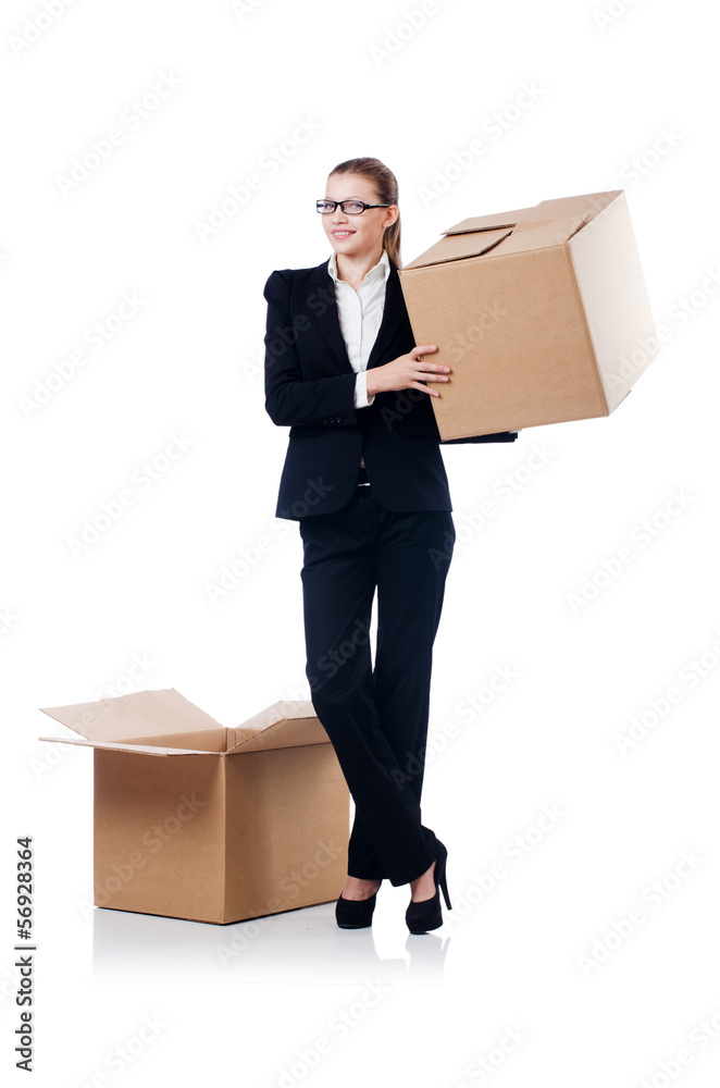 Woman businesswoman with boxes on white Woman businesswoman with boxes on white