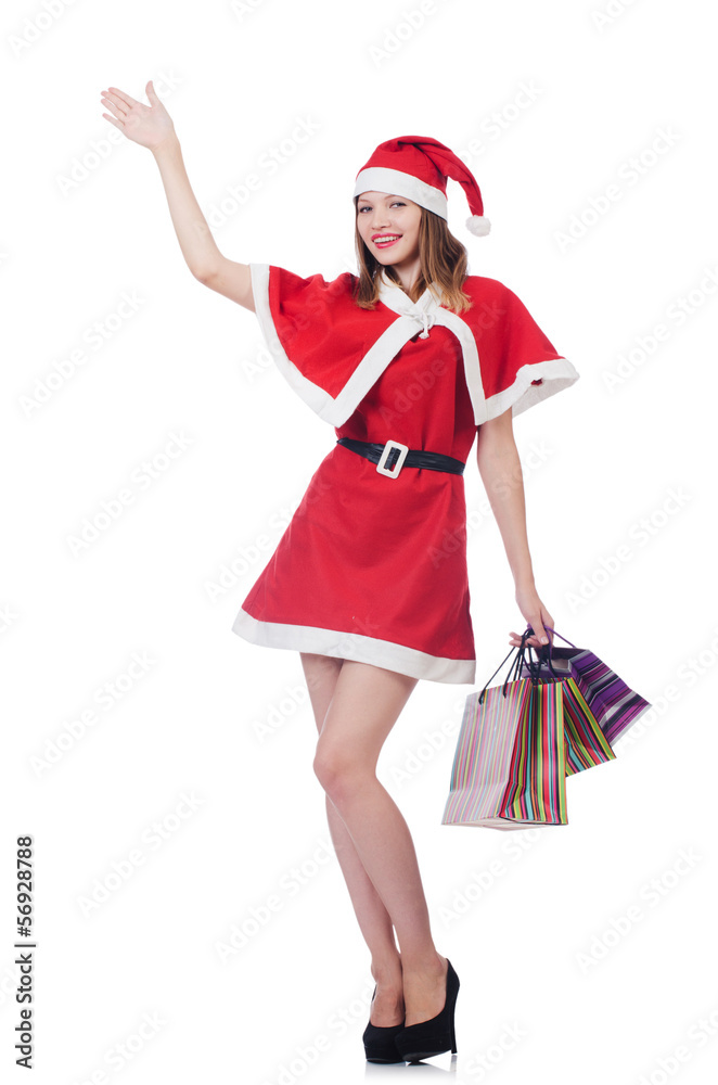 Young woman in red santa costume on white Young woman in red santa costume on white