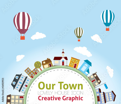 Our Town with Lovely House Icons  (hot air balloon in the sky)