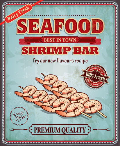 Vintage seafood shrimp bar poster design