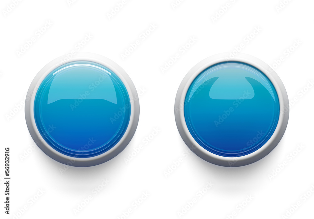 Two blue buttons. Pressed and not. Isolated on white Two blue buttons. Pressed and not. Isolated on white