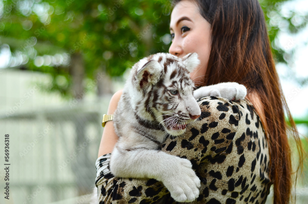 women hold baby white bengal tiger women hold baby white bengal tiger