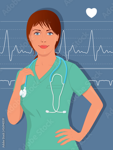 Young nurse or doctor in scrubs with a heart monitor