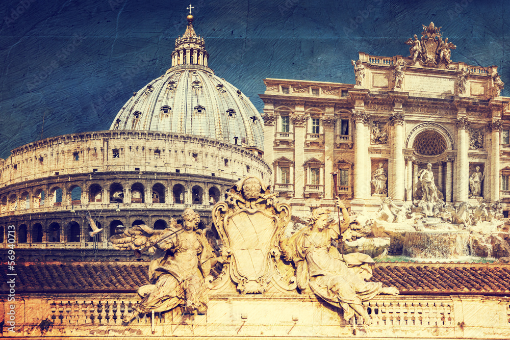 landmarks of Rome - picture in artistic retro style